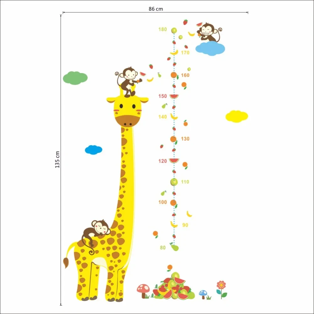 PIPPER | Samolepka na stenu "Detský meter - Žirafa s opičkami" 135x86 cm