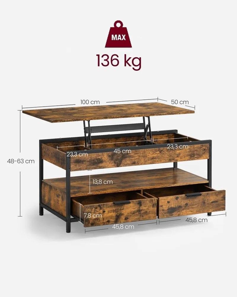 Výškovo nastaviteľný konferenčný stolík GASPAR, 50x100x(48-63)cm, čierna / hnedá Vasagle