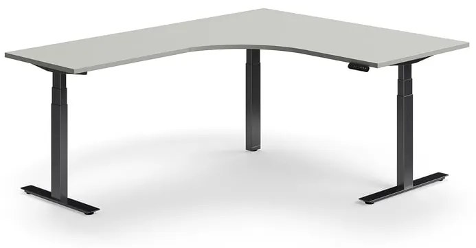 Výškovo nastaviteľný stôl QBUS, rohový, 1600x2000 mm, čierny rám, svetlošedá