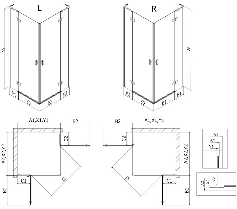 Mexen Mist-H L Duo, 2-krídlový sprchový kút 100 x 95 cm, číre sklo, zlatý lesklý profil, 8A5L-100L-095P-50-00