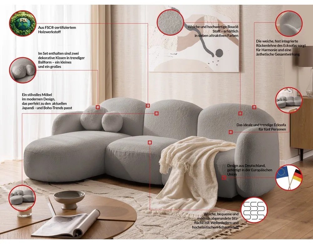 Sivá rohová pohovka z textílie buklé (ľavý roh/s leňoškou) Orbit – Ropez