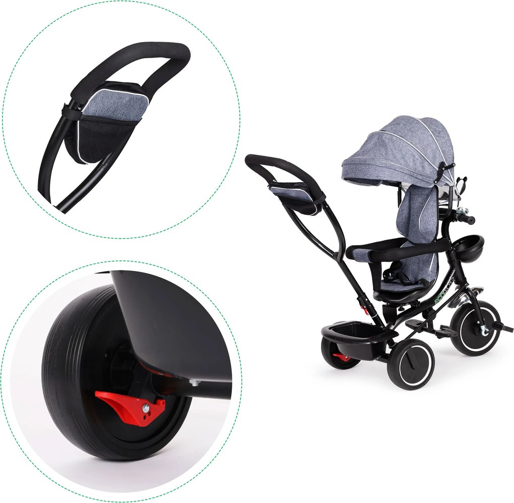 ECOTOYS trojkolka s otočným sedadlom 360°, strieška, košík, rodičovská rukoväť (šedá)
