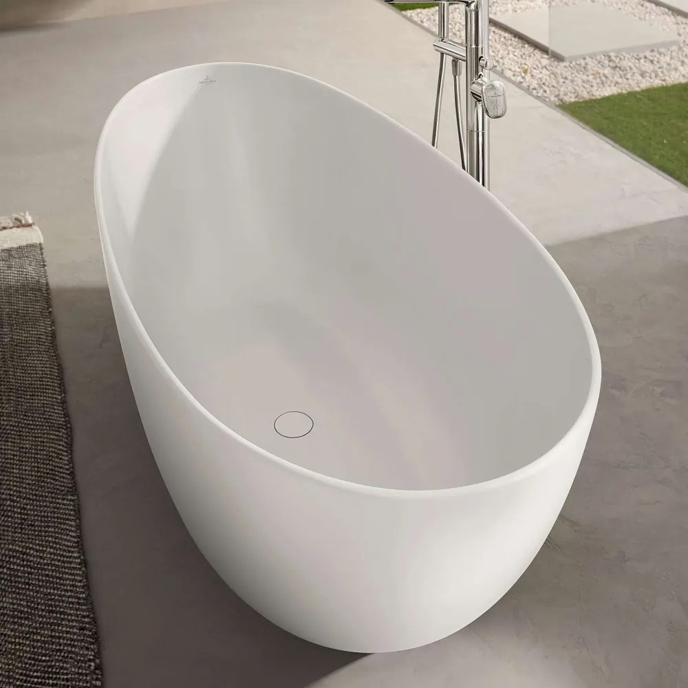 VILLEROY &amp; BOCH Antao voľne stojaca vaňa z materiálu Quaryl (bez spoja medzi panelom a vaňou), odtok v strede, 1700 x 750 x 504 mm, Stone White, UBQ170TAO7V-RW