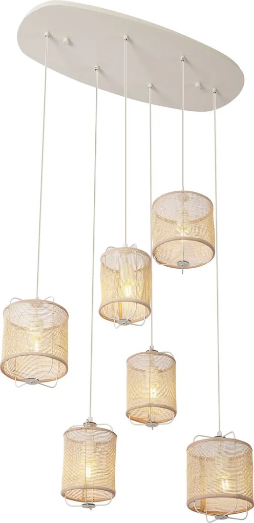 Japandi závesná lampa béžová s látkovými tienidlami 6-svetiel - Yente