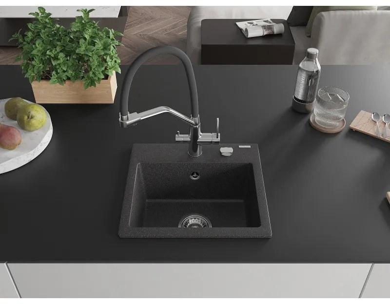 Mexen Milo, granitový drez 435x410x171 mm, 1-komorový a drezová batéria Duo, čierna škvrnitá, 6505-76-671701-07