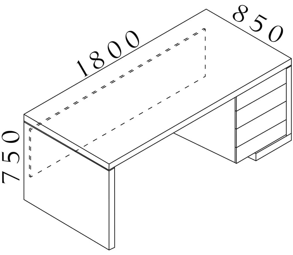 Stôl Lineart 180 x 85 cm + pravý kontajner, brest tmavý / biela