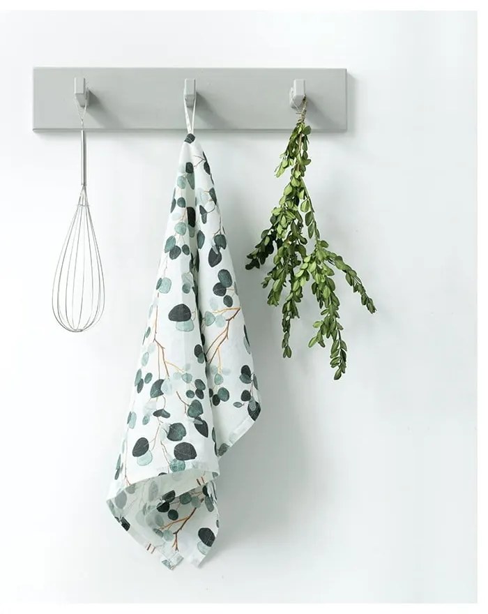 Bielo-zelená ľanová utierka Linen Tales Eucalyptus, 65 x 45 cm