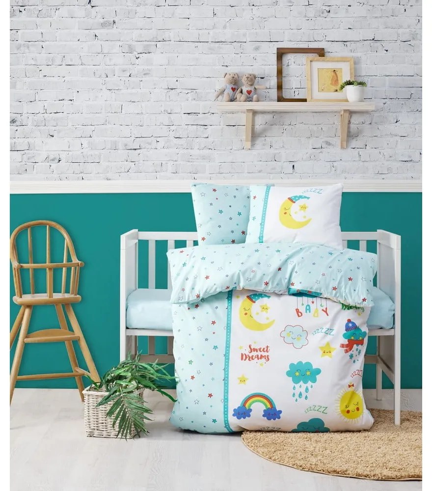 Biele/v mentolovej farbe detské obliečky do postieľky z bavlny Renforcé s plachtou/4-dielne 100x150 cm – Mijolnir