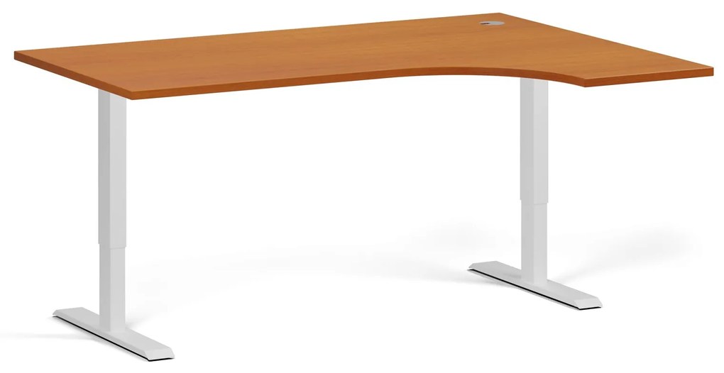 Rohový výškovo nastaviteľný stôl, 160x120 cm, 2 motory, L/P, biela podnož, čerešňa