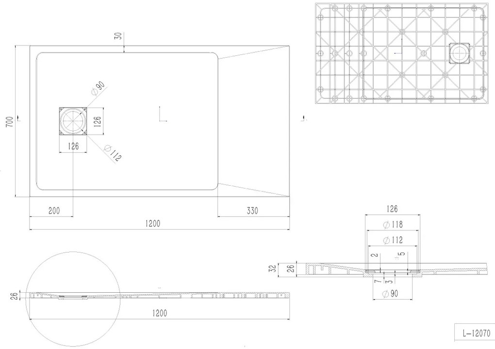 Erga Hyper, SMC sprchová vanička 120x70x2,6 cm + sifón, biela matná, ERG-V06-SMC-7012S-WH