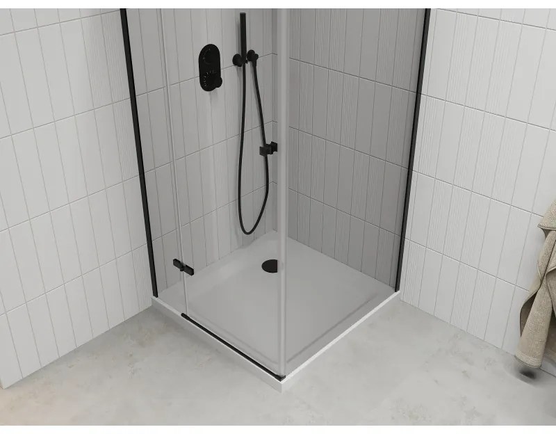 Mexen Roma, sprchovací kút s 1-krídlovými dverami 80 (dvere) x 80 (stena) cm, 6mm číre sklo, čierny profil, slim sprchová vanička 5cm biela s čiernym sifónom, 854-080-080-70-00-4010B