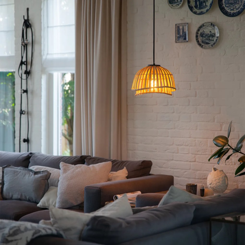 Orientálna závesná lampa čierna s prírodným bambusom 30 cm - Pua