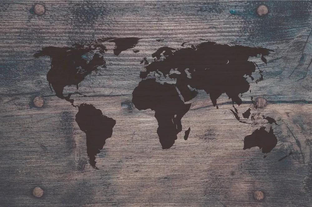 Samolepiaca tapeta mapa sveta na tmavom dreve - 300x200