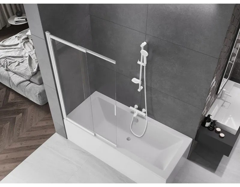 Mexen Fox, 2-krídlová posuvná vaňová zástena 100 × 150 cm, 5mm číre sklo, biely profil, 891-100-002-20-00