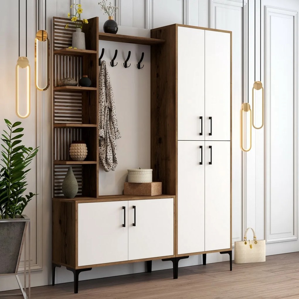 Vešiak s botníkom, policami a skriňou Viyana Walnut and White