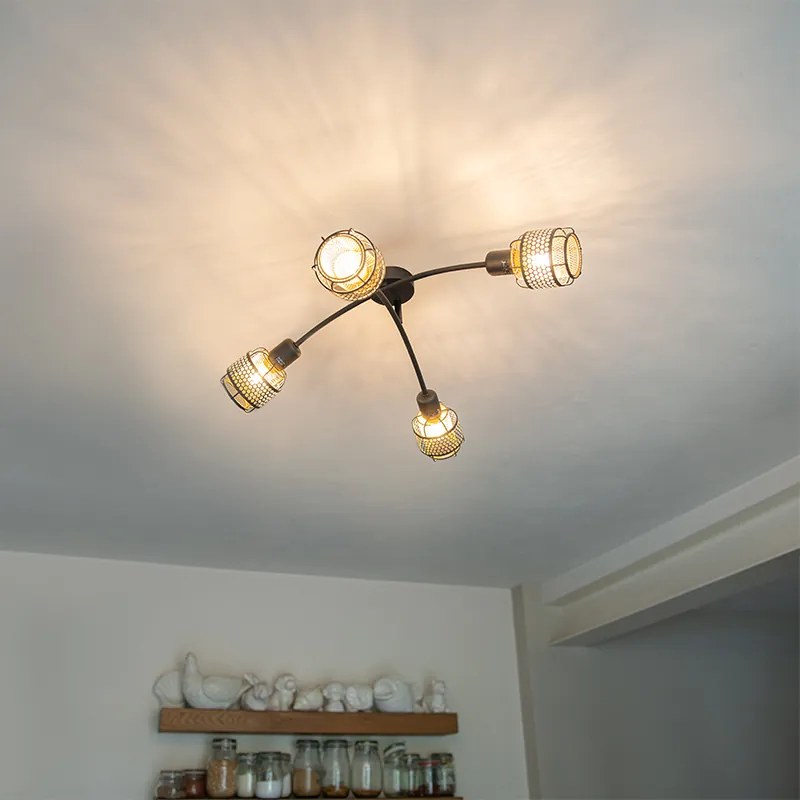 Dizajnové stropné svietidlo čierne so zlatom 4-svetlo - Noud