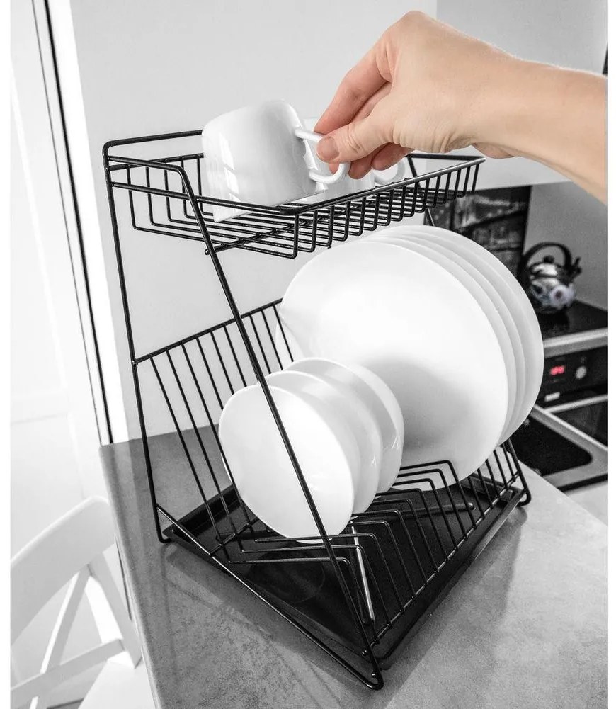 ALTOM Odkvapkávač na riad dvojposchodový, až na 14 tanierov, čierny kov