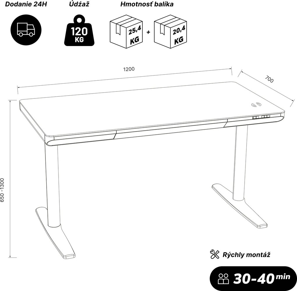 Elektrický písací stôl sit-stand so zásuvkou a bezdrôtovou nabíjačkou Qi čierny/orech, 1200 mm: ELLIS