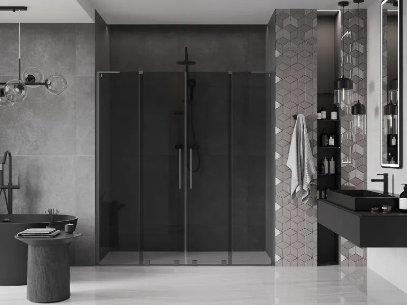 Mexen Velar L Duo, posuvné sprchové dvere do otvoru 180 cm, 8mm šedé sklo, brúsený grafit, 871-180-003-42-95