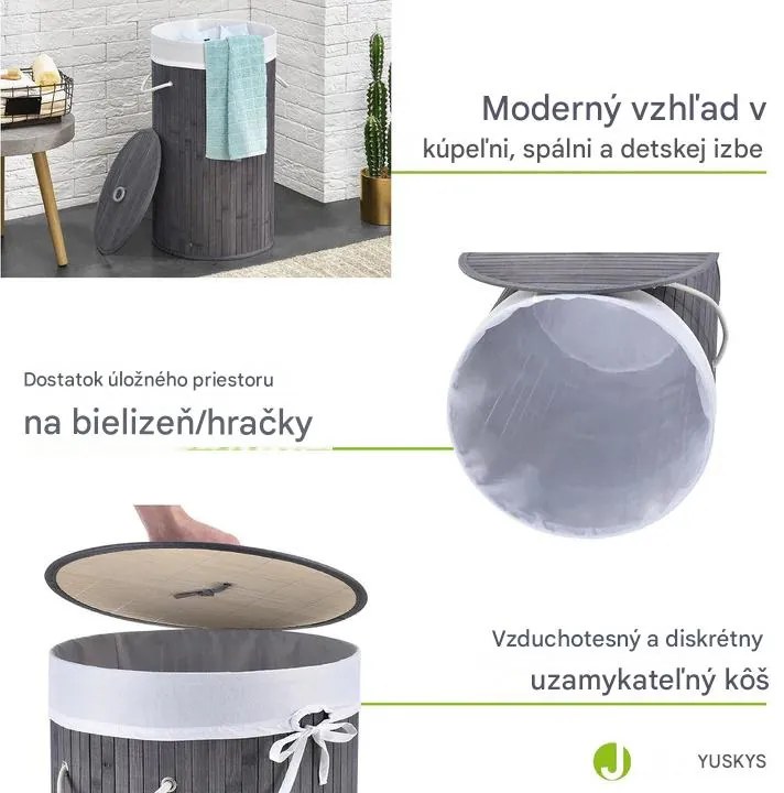 InternetovaZahrada Bambusový kôš na prádlo Curly Round 55 L - sivý