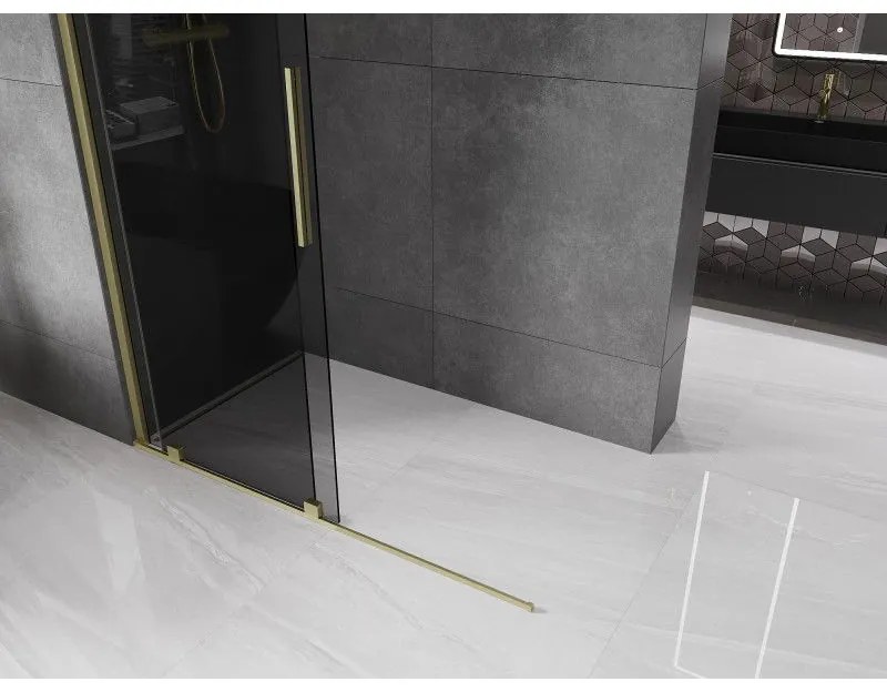 Mexen Velar, sprchová zástena s posuvnými dverami Walk-in 140 x 200 cm, 8mm šedé sklo, zlatá matná, 871-140-000-43-55