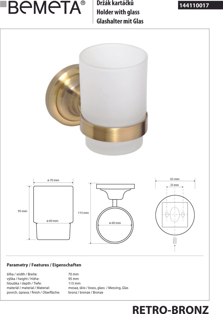 Bemeta Design RETRO bronz: Držiak kefiek, sklo - 144110017