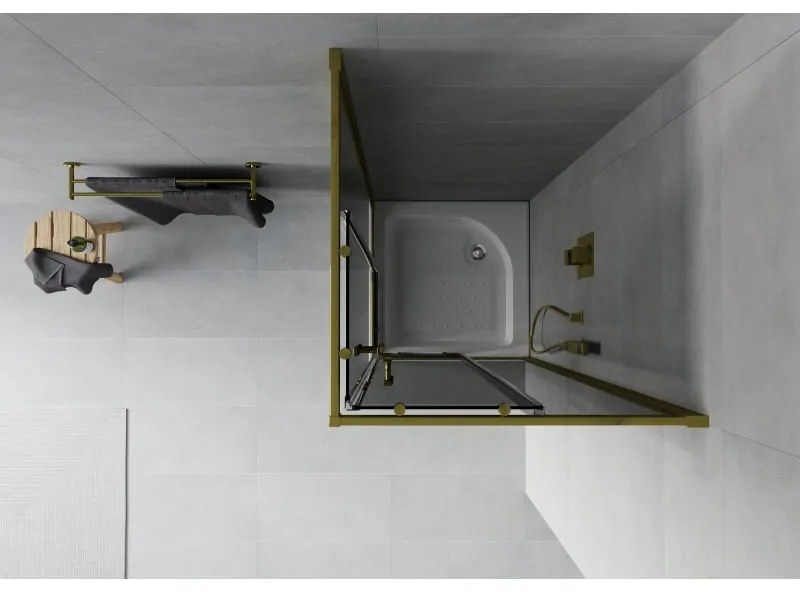 Mexen Rio, štvorcový sprchovací kút s posuvnými dverami 70(dvere) x 70(dvere) x 190 cm, 6mm šedé sklo, zlatý profil + biela sprchová vanička RIO, 860-070-070-50-40-4510