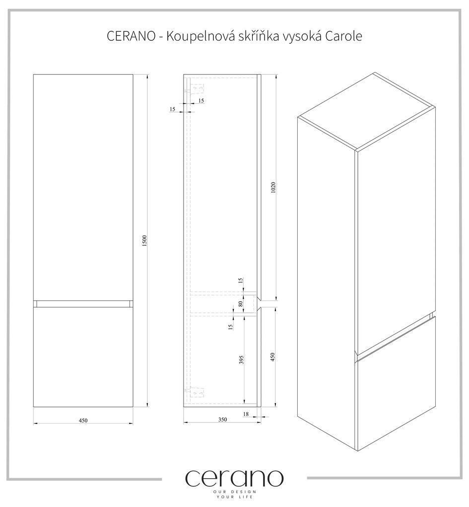 CERANO - Kúpeľňová skrinka vysoká Carole - prírodná - 45x150x34 cm