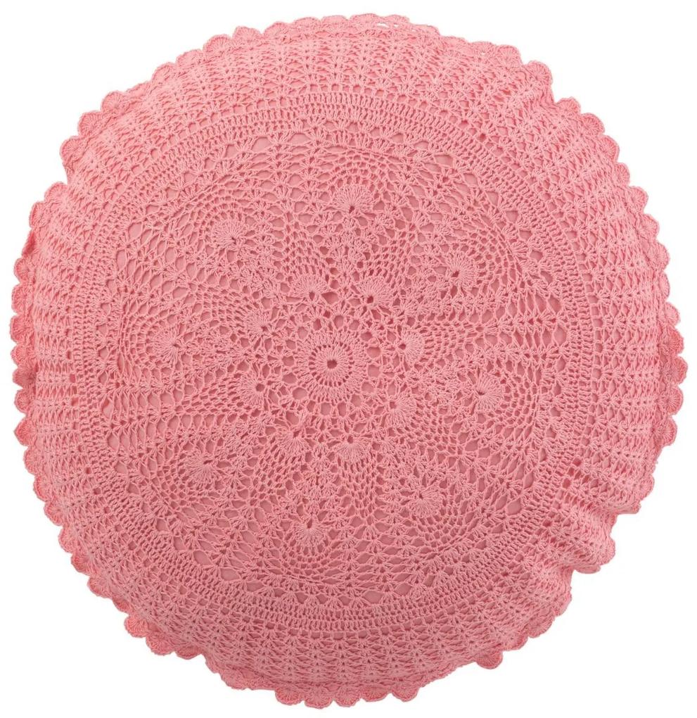 Ružový okrúhly bavlnený vankúš s čipkou Lace pink - Ø 38*12cm
