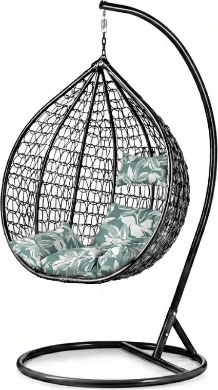 Čierne závesné kreslo KOKON so stojanom, zeleno-biely vankúš