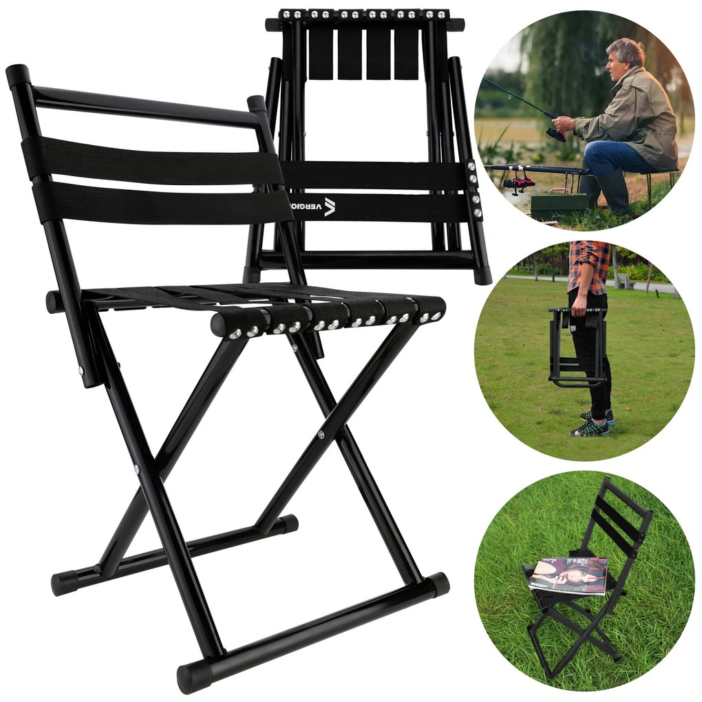 Vergionic 7816 Skladacia turistická stolička s operadlom, nosnosť 100 kg, čierna