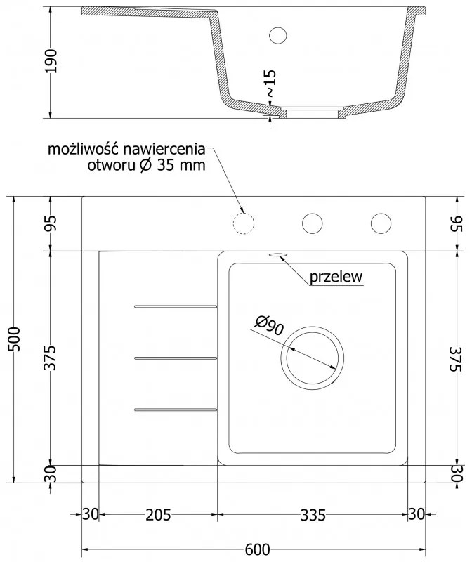 Mexen Ben, 1-komorový granitový drez 600x500x190 mm, pravý + zlatý sifón, čierna, 6523605000-77-G