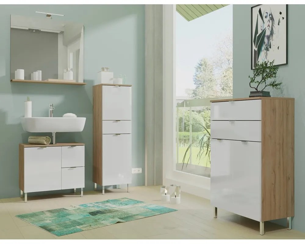 Biela skrinka s dubovým dekorom Germania Mauresaa, výška 97 cm