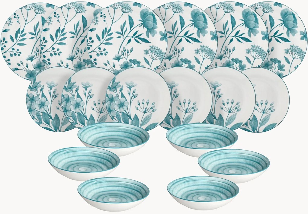 Porcelánová súprava riadu Madison Coralie Teal, 6 osôb, 18 ks