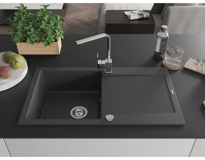 Mexen Leo, drez granitový 900x500x190 mm, 1-komorový, čierna škvrnitá s chrómovým sifónom a chrómová drezová batéria Rita, 6501-76-670300-00
