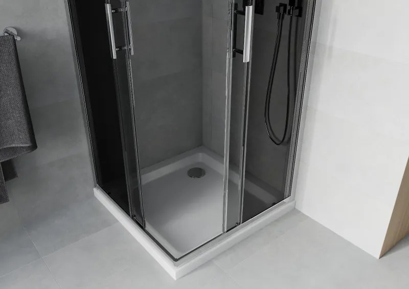 Mexen Rio, štvorcový sprchovací kút s posuvnými dverami 70(dvere) x 70(dvere) x 190 cm, 6mm šedé sklo, chrómový profil + biela sprchová vanička SLIM, 860-070-070-01-40-4010