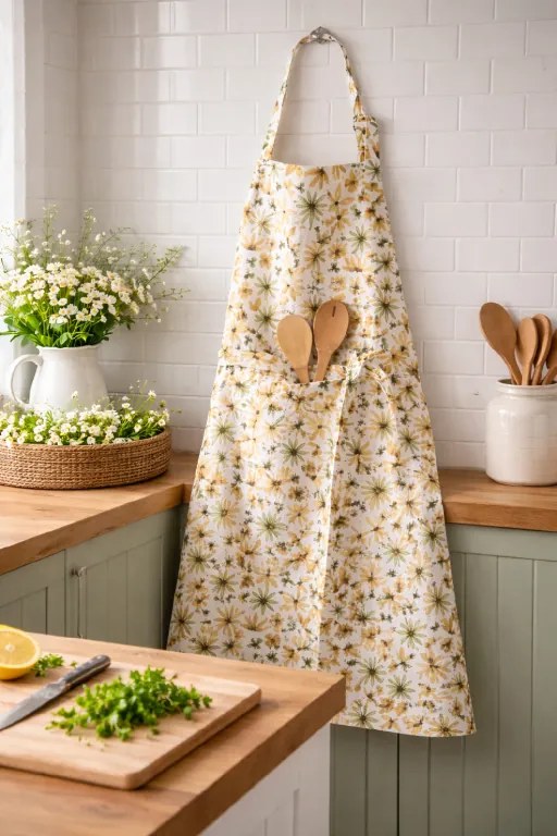 Kuchynská zástera Žlté a olivové kvety bavlnená 70x90 cm s vreckom