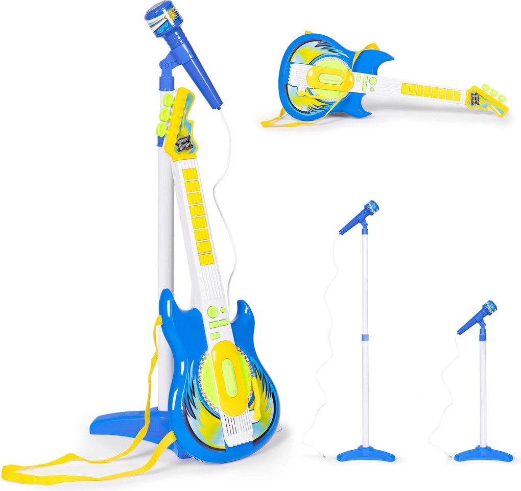 MULTISTORE Detská elektrická gitara – súprava s mikrofónom a statívom, MP3 pripojenie, modrá, 3+