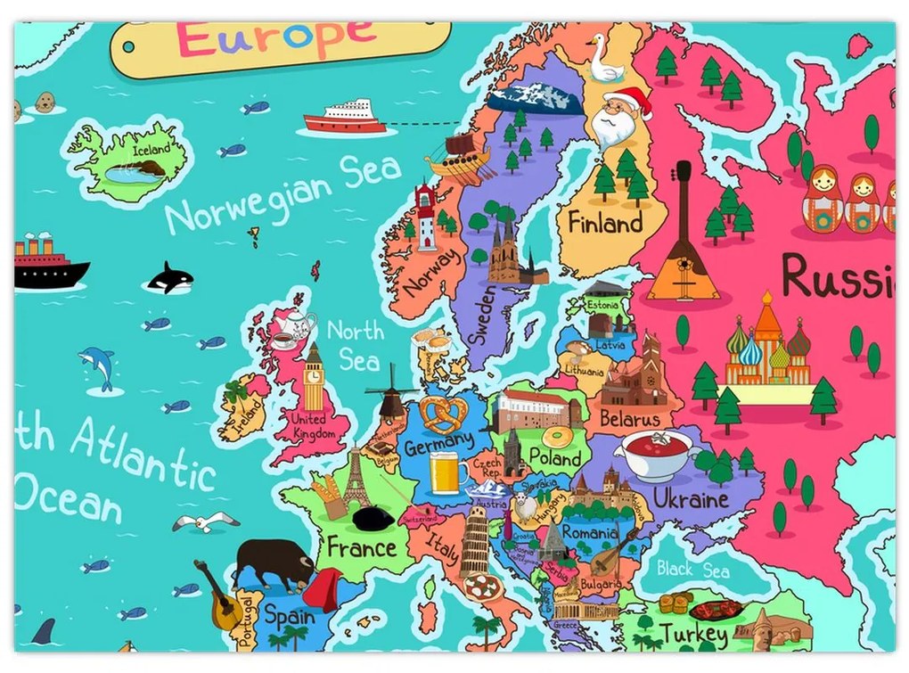Sklenený obraz - Detská mapa Európy (70x50 cm)