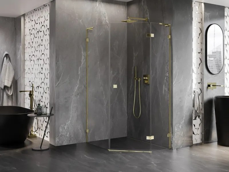 Mexen Lunar, L pravý výklopný päťuholníkový sprchový kút 80 x 100 cm, 8mm číre sklo, zlatý profil, 831L-080P-100L-50-00-P