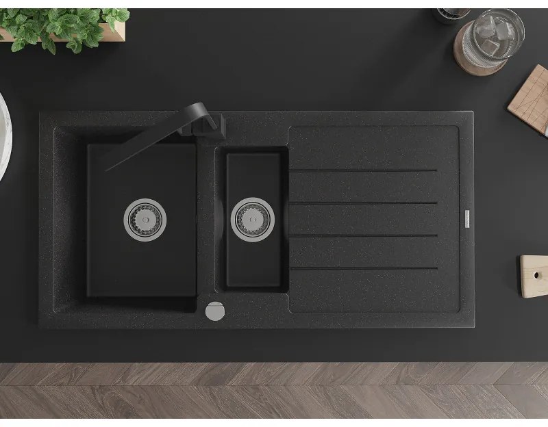 Mexen Andres, granitový drez 1000x500x200 mm, 1,5-komorový, čierna - strieborná metalíza s chrómovým sifónom a čierna drezová batéria Rita, 6515-73-670300-70