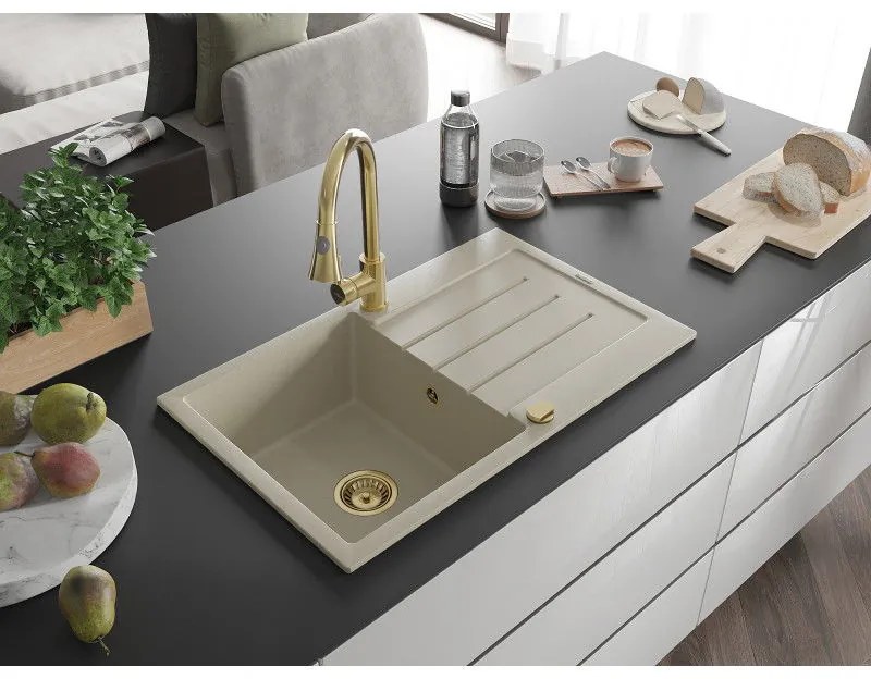Mexen Bruno, 1-komorový granitový drez 795x495x200 mm a drezová batéria Elia, béžová, 6513-69-670101-50