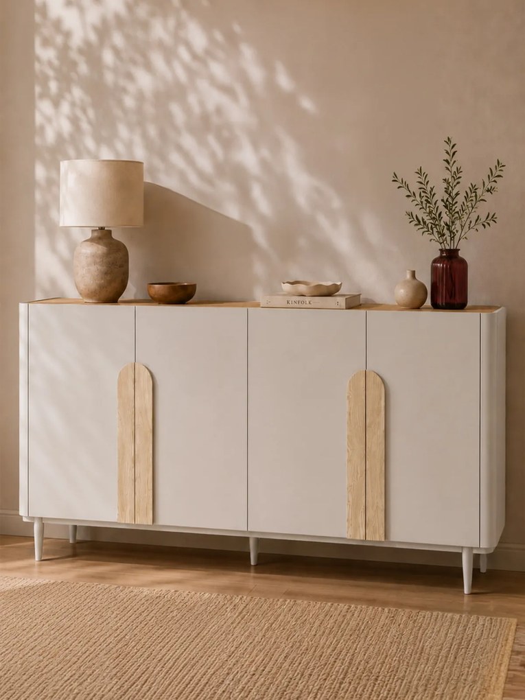 Komoda Amilio 200 cm na nožičkách - kašmír / olejovaný dub / úchytky svetlý dub