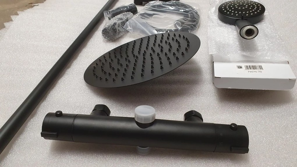 Mexen termostatický sprchový set,  sprchová batéria KAI s horným uchytením sprchy + sprchová sada s hornou hlavicou oval ?25cm X, 3/4", čierna, 77150-70 + 79392-70