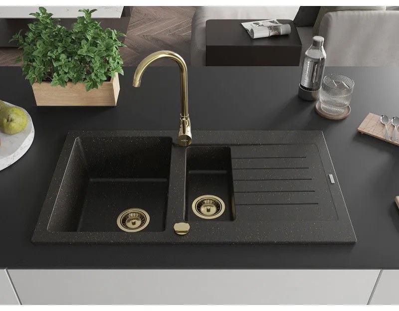 Mexen Matias - drez granitový 900x505x200 mm, 1,5-komorový, čierna-zlatá metalíza so zlatým sifónom, 6502901505-75-G