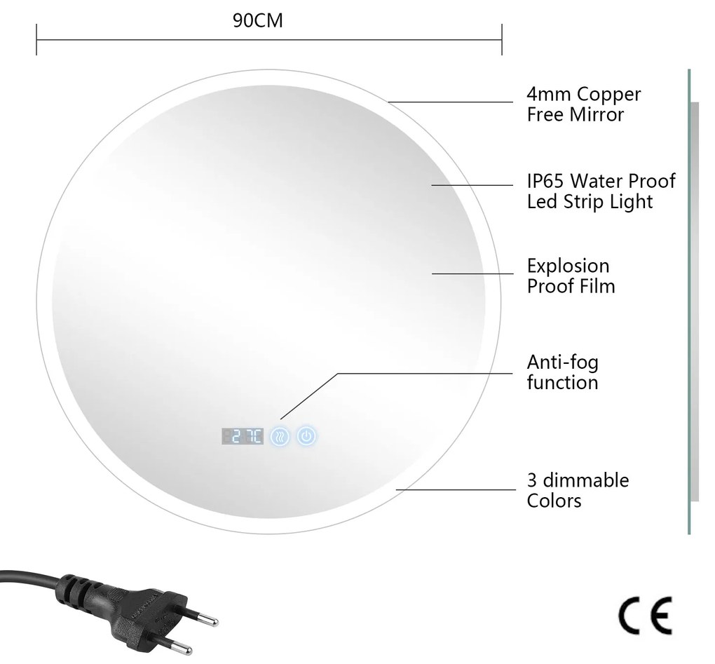 Erga Deam, okrúhle LED zrkadlo 90cm, 3 farby svetla, predné osvetlenie, vyhrievacia podložka proti zapareniu, ERG-V01-Deam-9090-CL