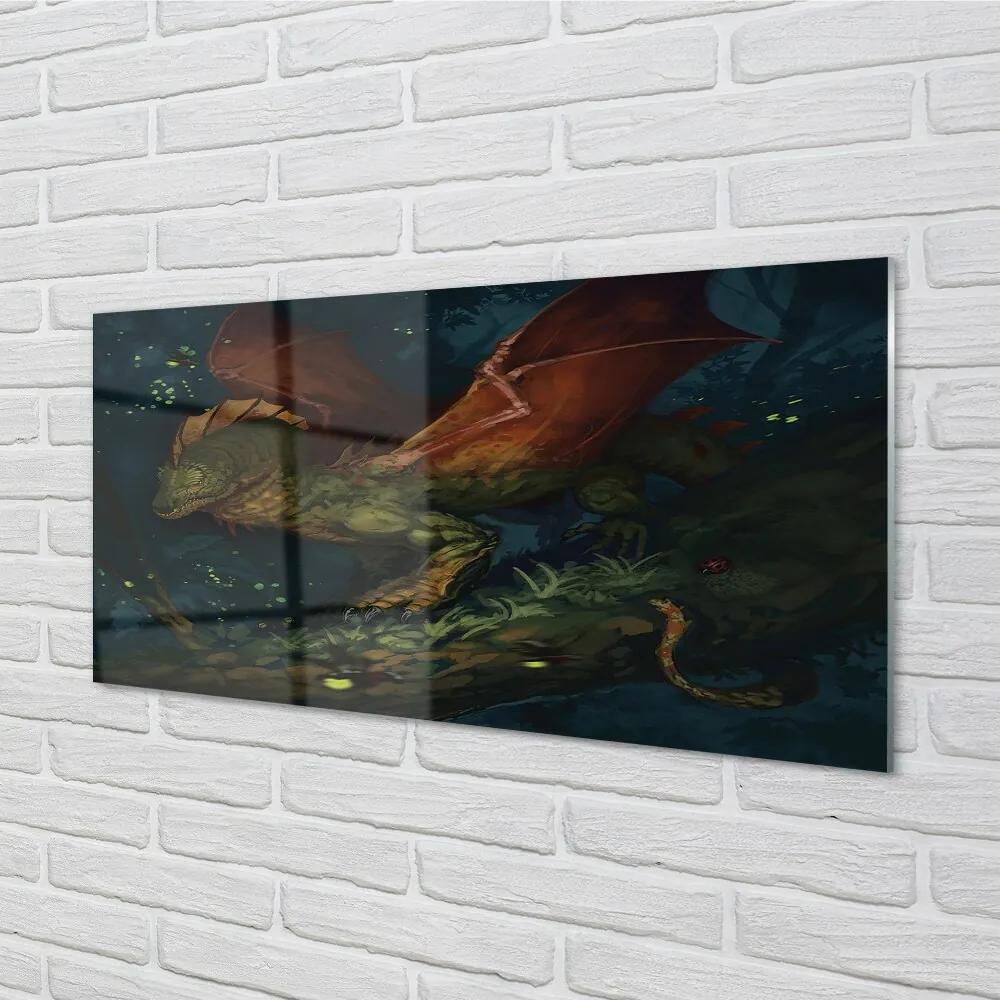 Sklenený obraz Zelený drak v lese 100x50 cm