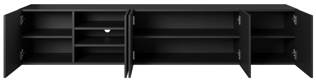 Závesná TV skrinka Asha 200 cm s ryhovaným čelom - čierny mat