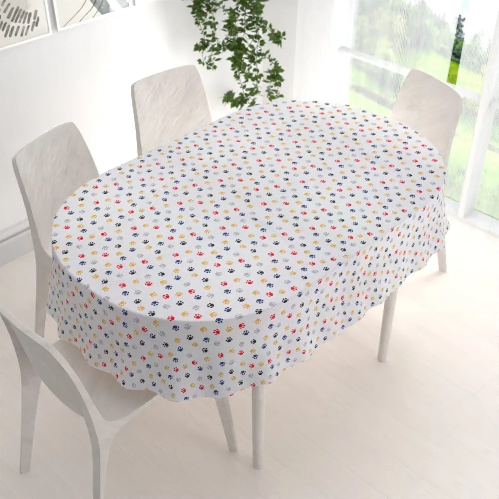 Biante Detský dekoračný oválny obrus Leona LN-012 Farebné labky na krémovom 130x200 cm