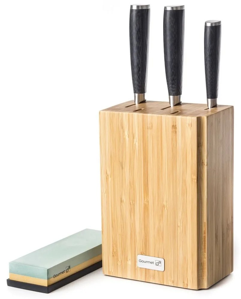 G21 Damascus Premium sada nožov v bambusovombloku, krabička, 3 ks + brúsny kameň